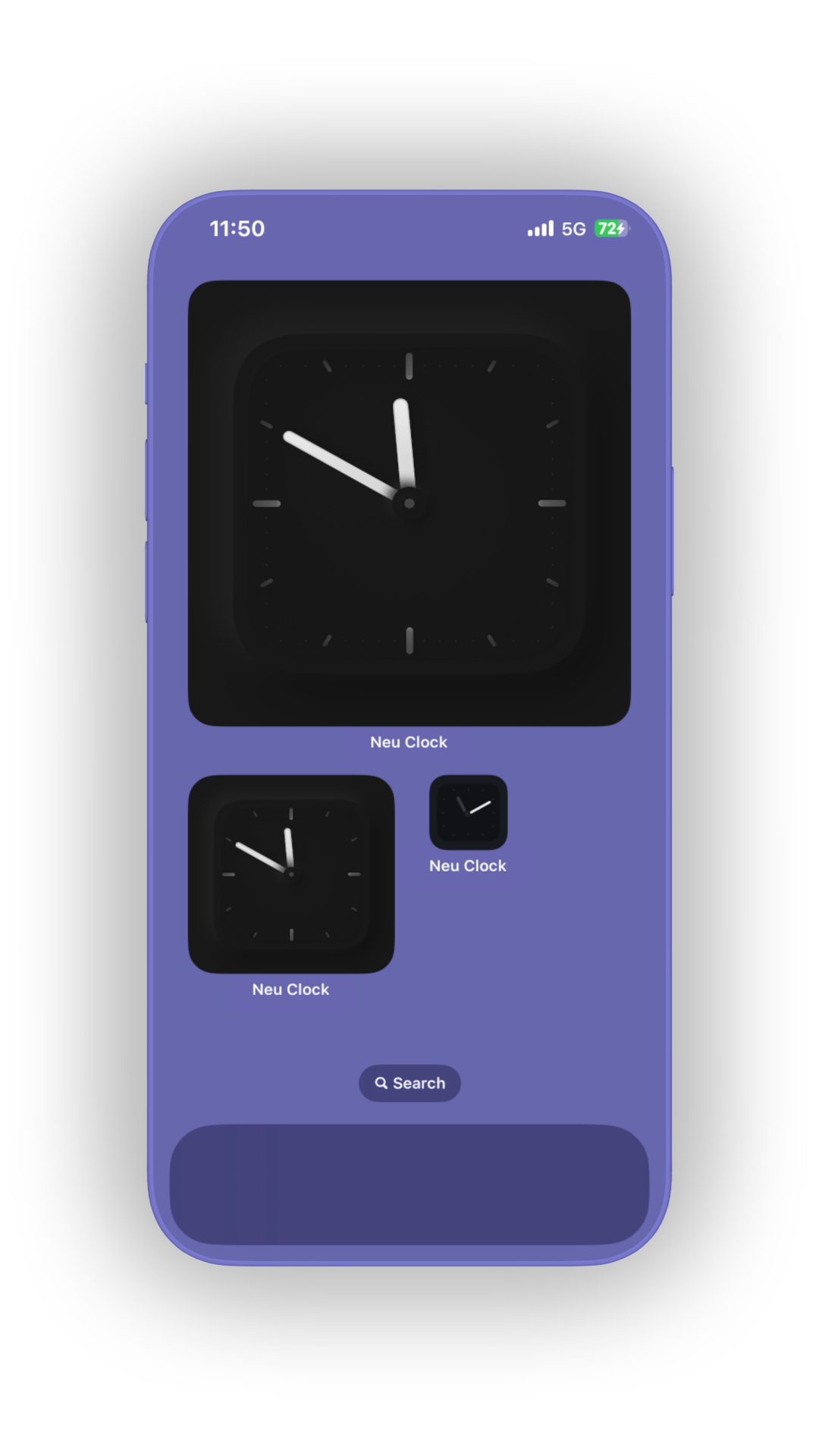 Neumorphic Clock widget interface showing modern clock designs.